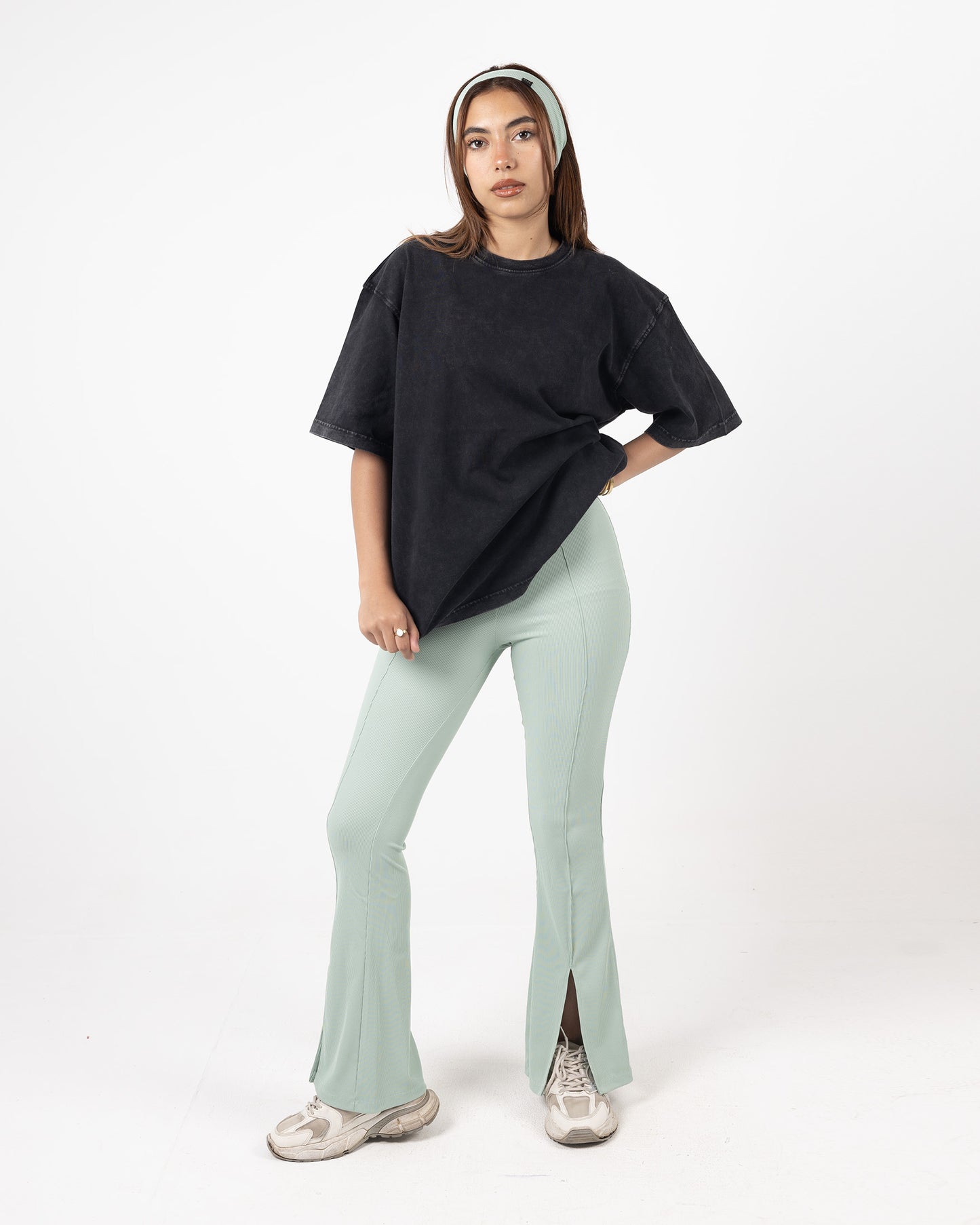 Ribbed Flare Pants with Front Leg Split- MINT