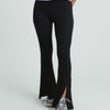 High-Waisted Ribbed Flare Pants with Front Leg Split- BLACK