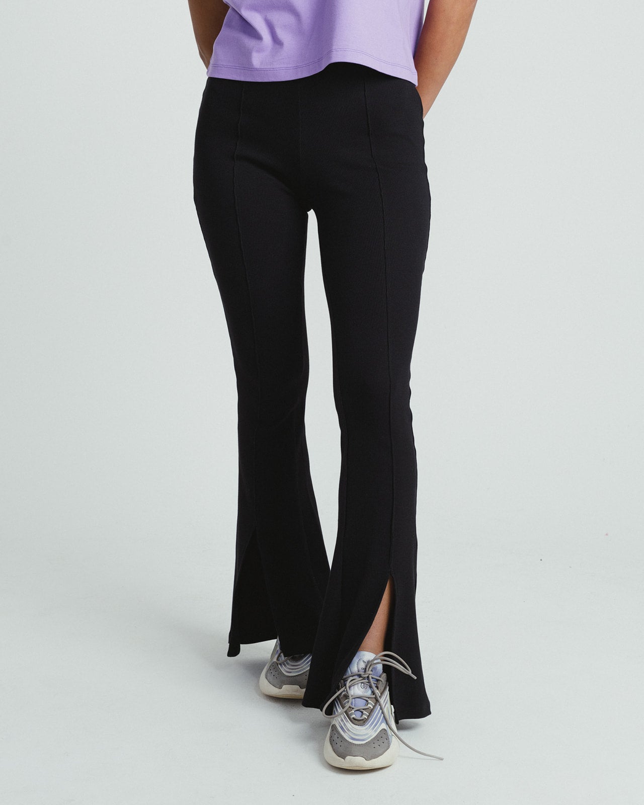 High-Waisted Ribbed Flare Pants with Front Leg Split- BLACK