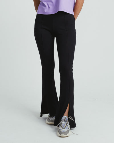 High-Waisted Ribbed Flare Pants with Front Leg Split- BLACK