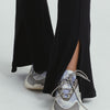 High-Waisted Ribbed Flare Pants with Front Leg Split- BLACK