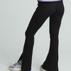 High-Waisted Ribbed Flare Pants with Front Leg Split- BLACK