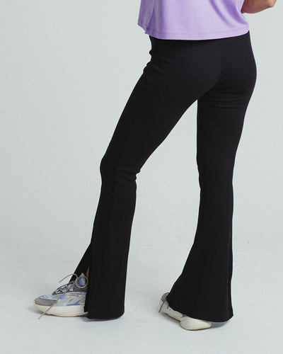 High-Waisted Ribbed Flare Pants with Front Leg Split- BLACK