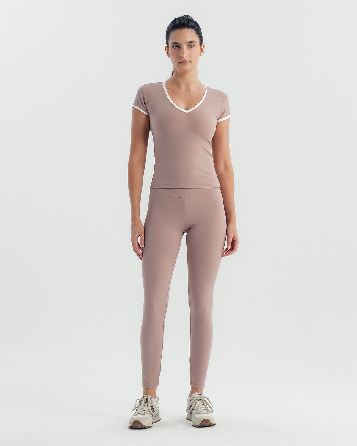 Soft Stretch Piping V-Neck T-Shirt - Mauve Taupe