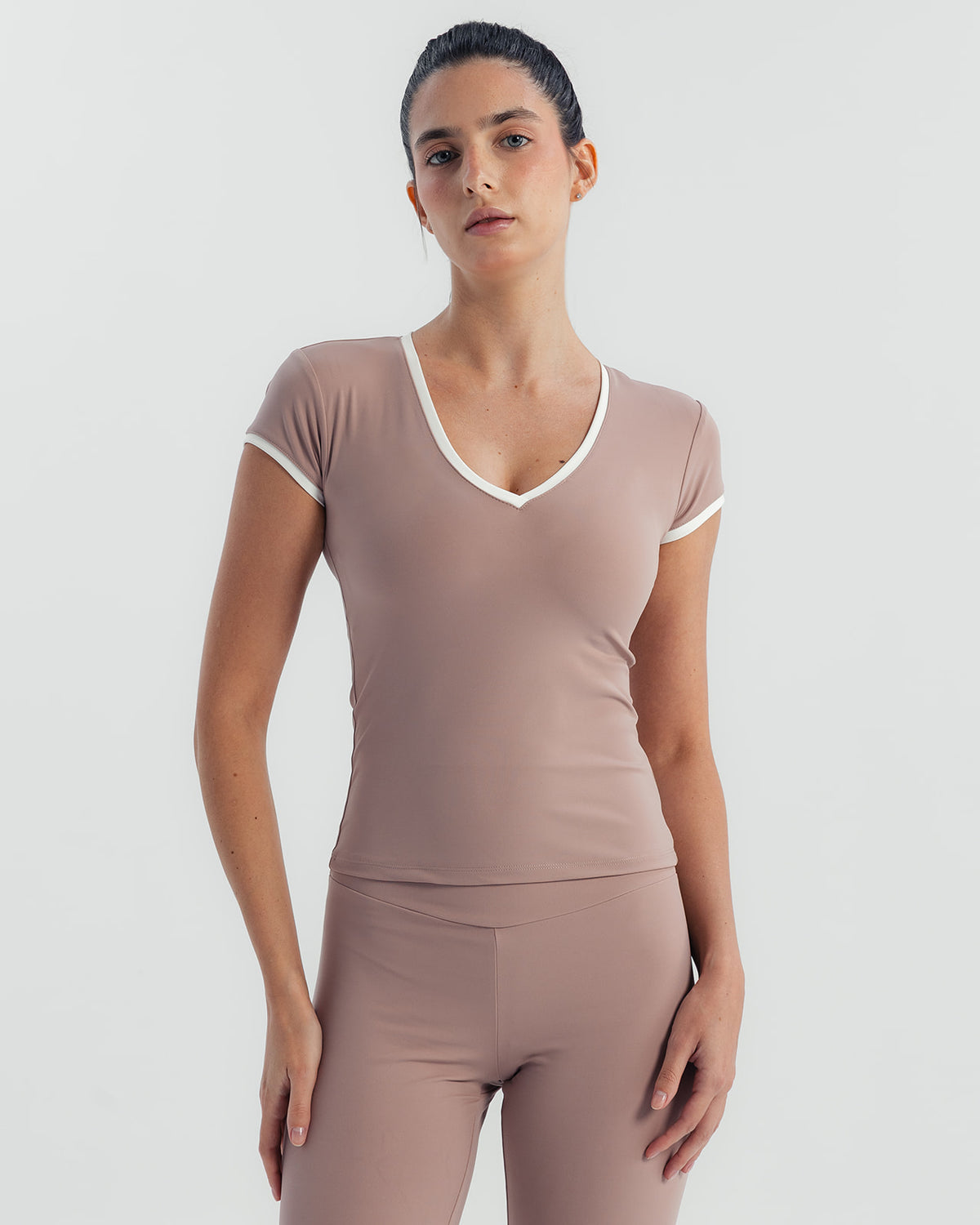 Soft Stretch Piping V-Neck T-Shirt - Mauve Taupe