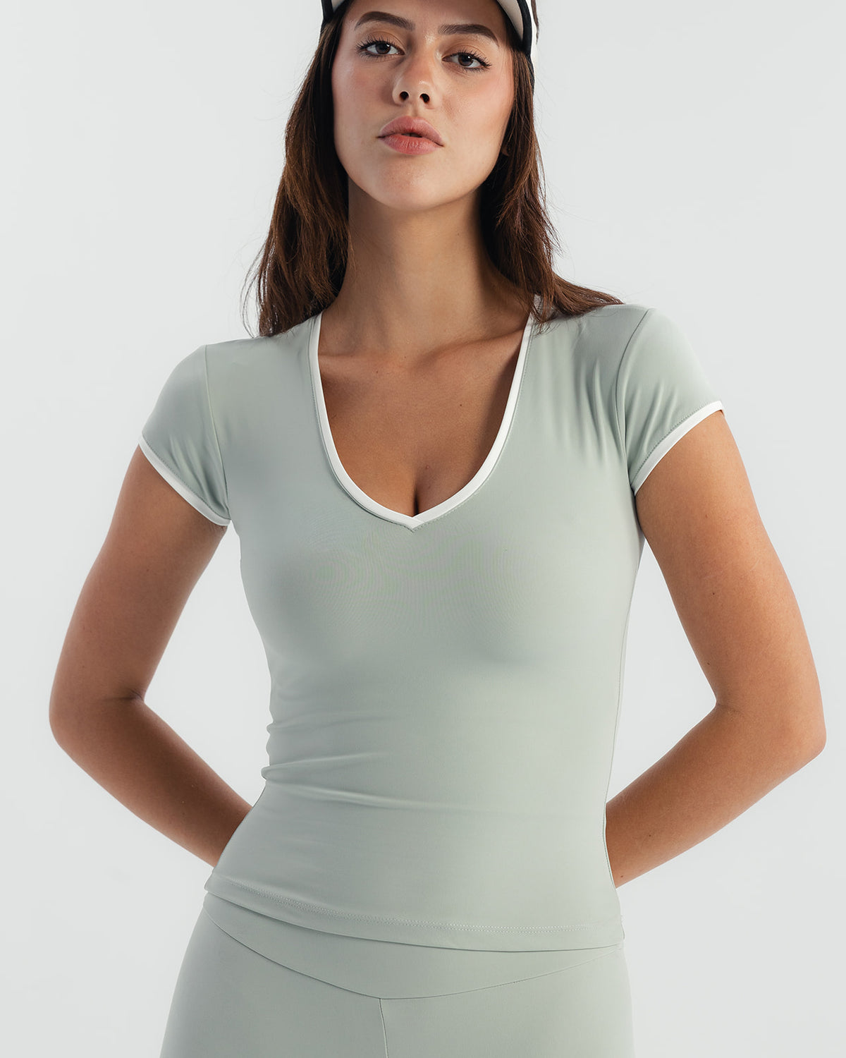 Soft Stretch Piping V-Neck T-Shirt - Sage
