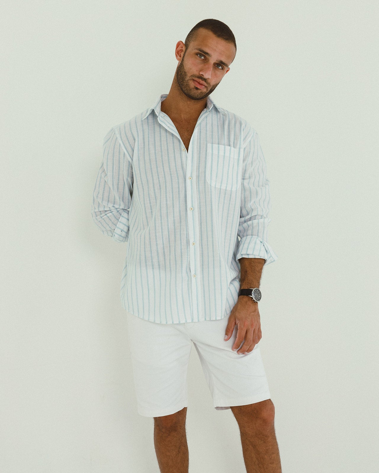 COTTON - LINEN SHIRT WHITE WITH LIGHT CYAN STRIPED