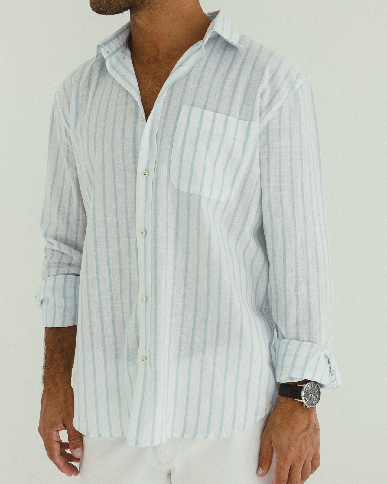 COTTON - LINEN SHIRT WHITE WITH LIGHT CYAN STRIPED