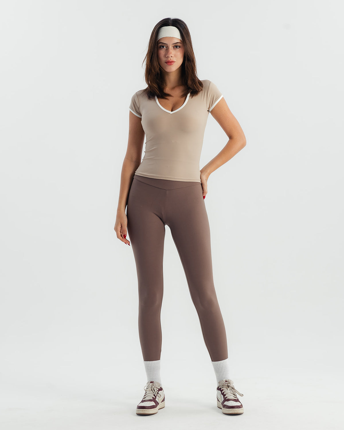 Soft Stretch Piping V-Neck T-Shirt - Beige