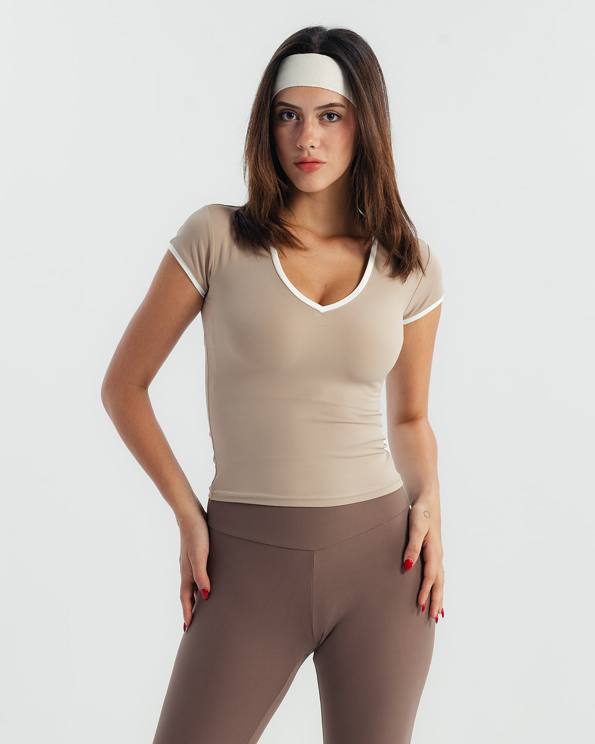 Soft Stretch Piping V-Neck T-Shirt - Beige