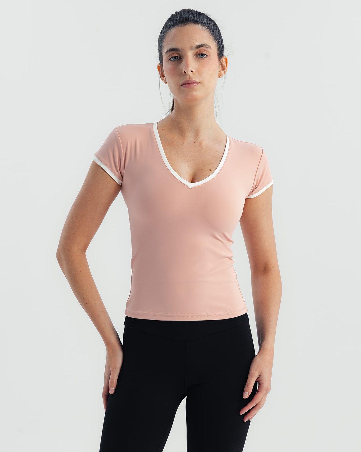 Soft Stretch Piping V-Neck T-Shirt - Pink