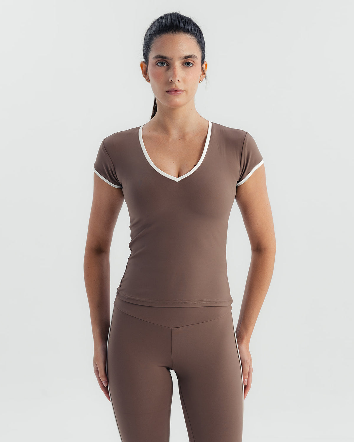 Soft Stretch Piping V-Neck T-Shirt - Dusty Brown
