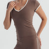 Soft Stretch Piping V-Neck T-Shirt - Dusty Brown