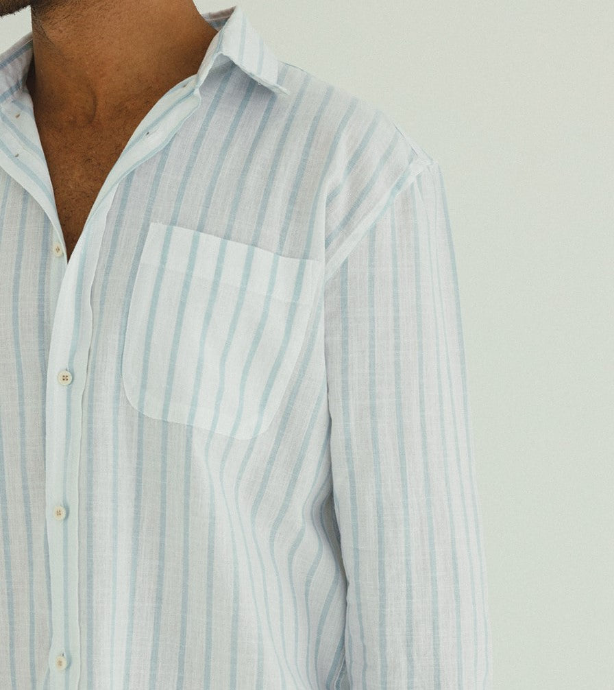 COTTON - LINEN SHIRT WHITE WITH LIGHT CYAN STRIPED