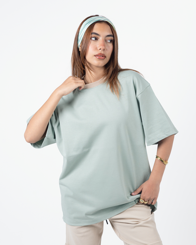 Oversized Mint T-Shirt – Contrast Beige Collar