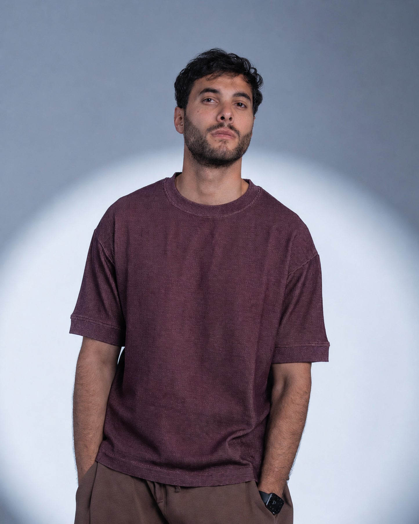 Mixed Knit Relaxed T-shirt - Burgundy