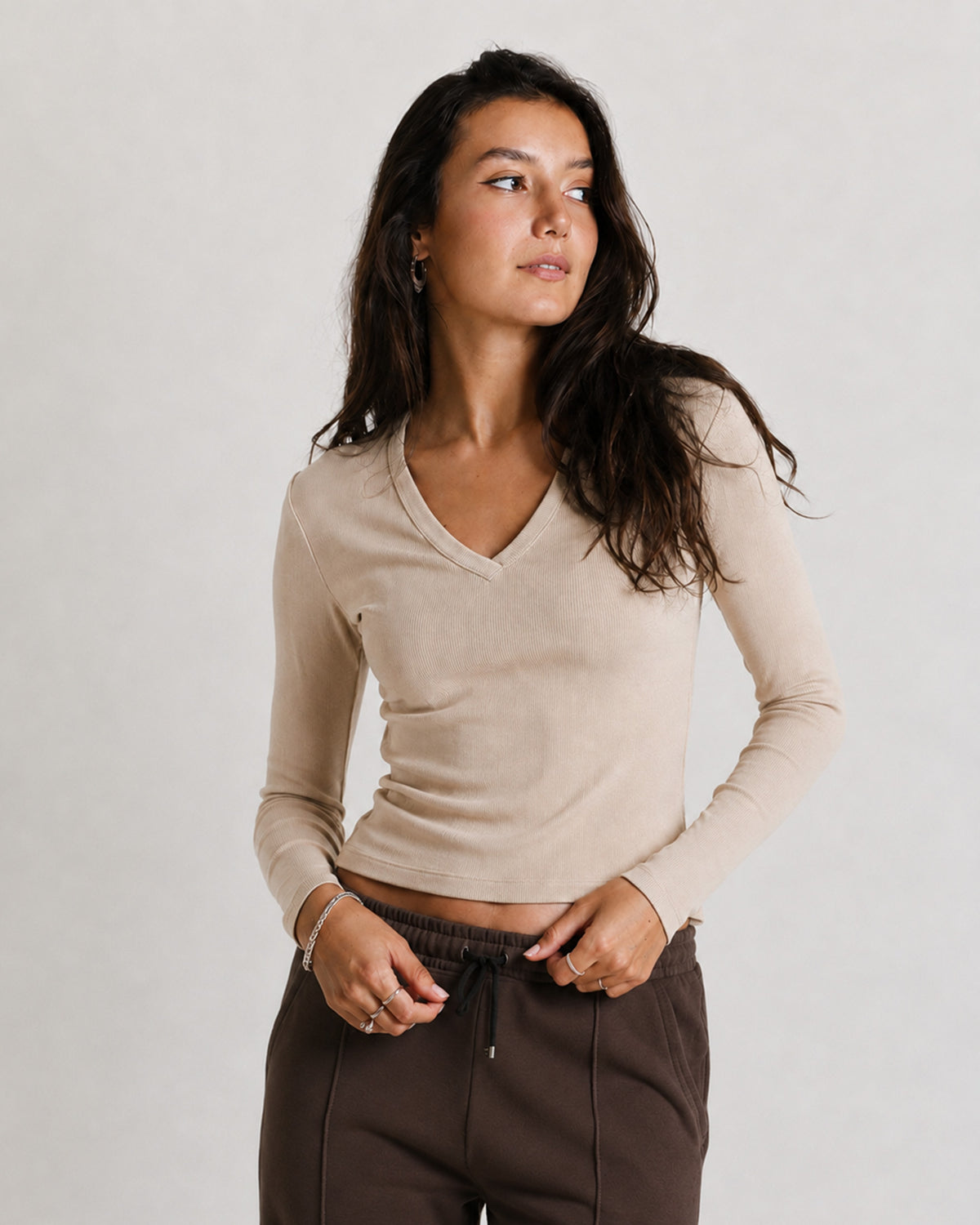 Core Ribbed V-Neck Long Sleeve - Beige