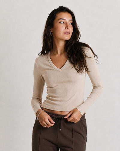 Core Ribbed V-Neck Long Sleeve - Beige