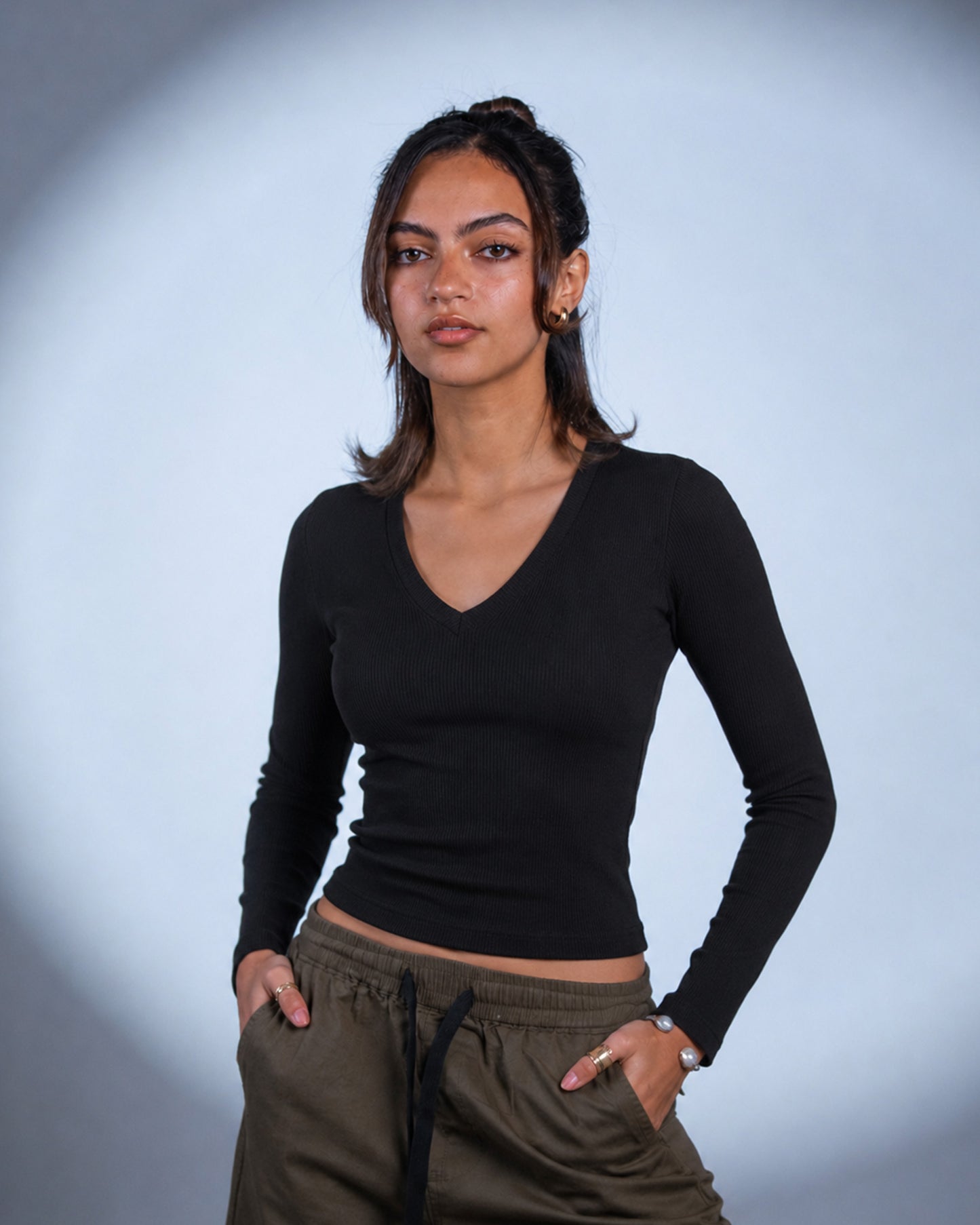 Core Ribbed V-Neck Long Sleeve - Black