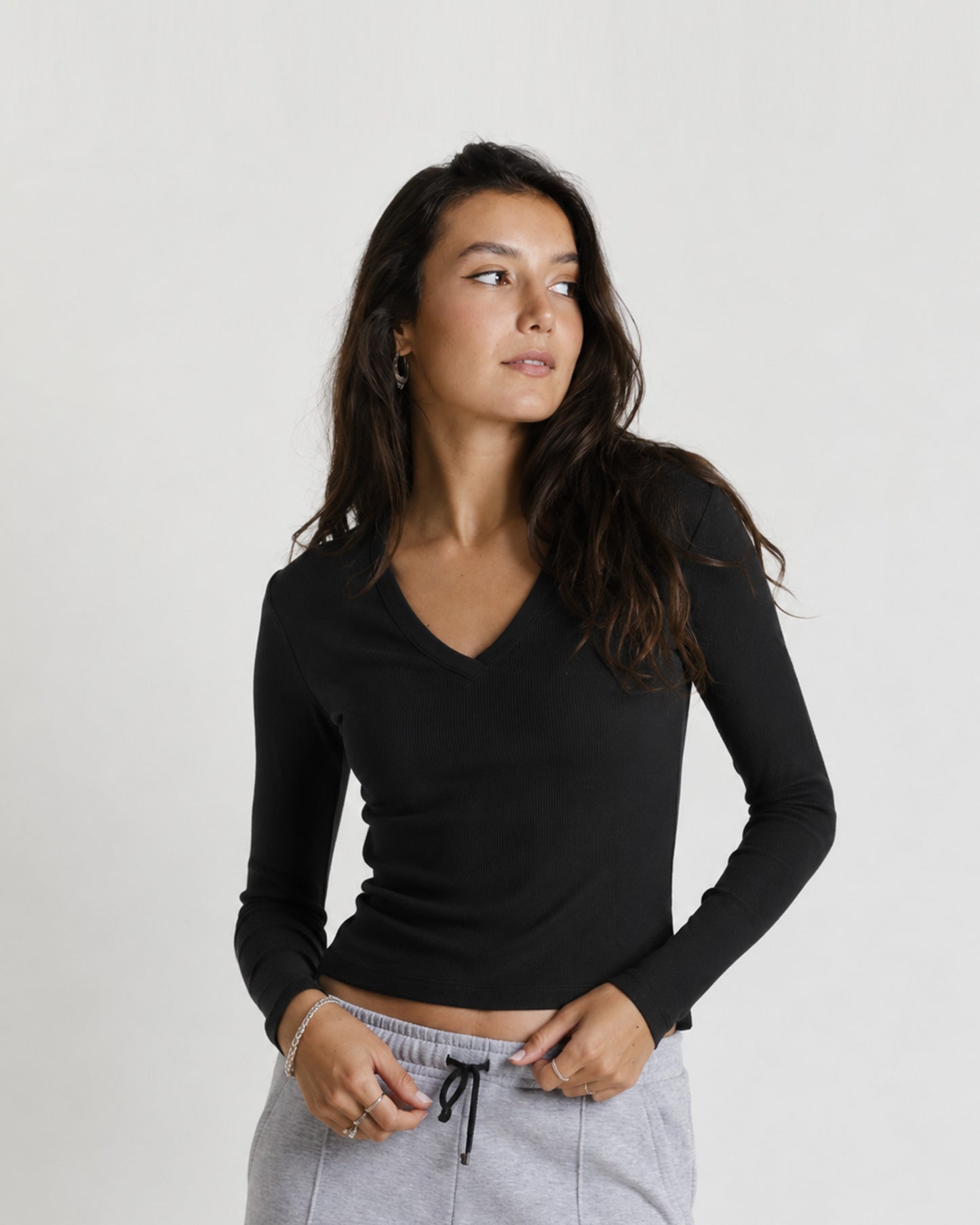 Core Ribbed V-Neck Long Sleeve - Black