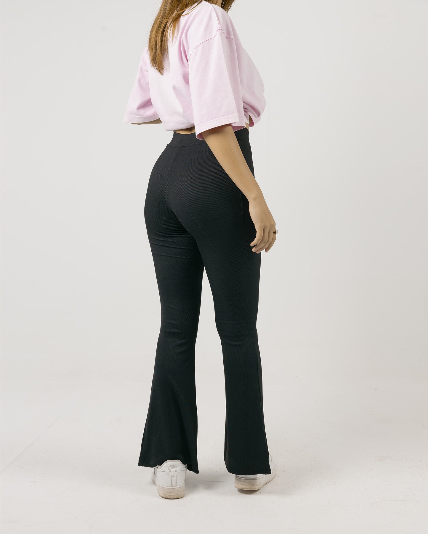 Ribbed Flare Pants with Front Leg Split- Black